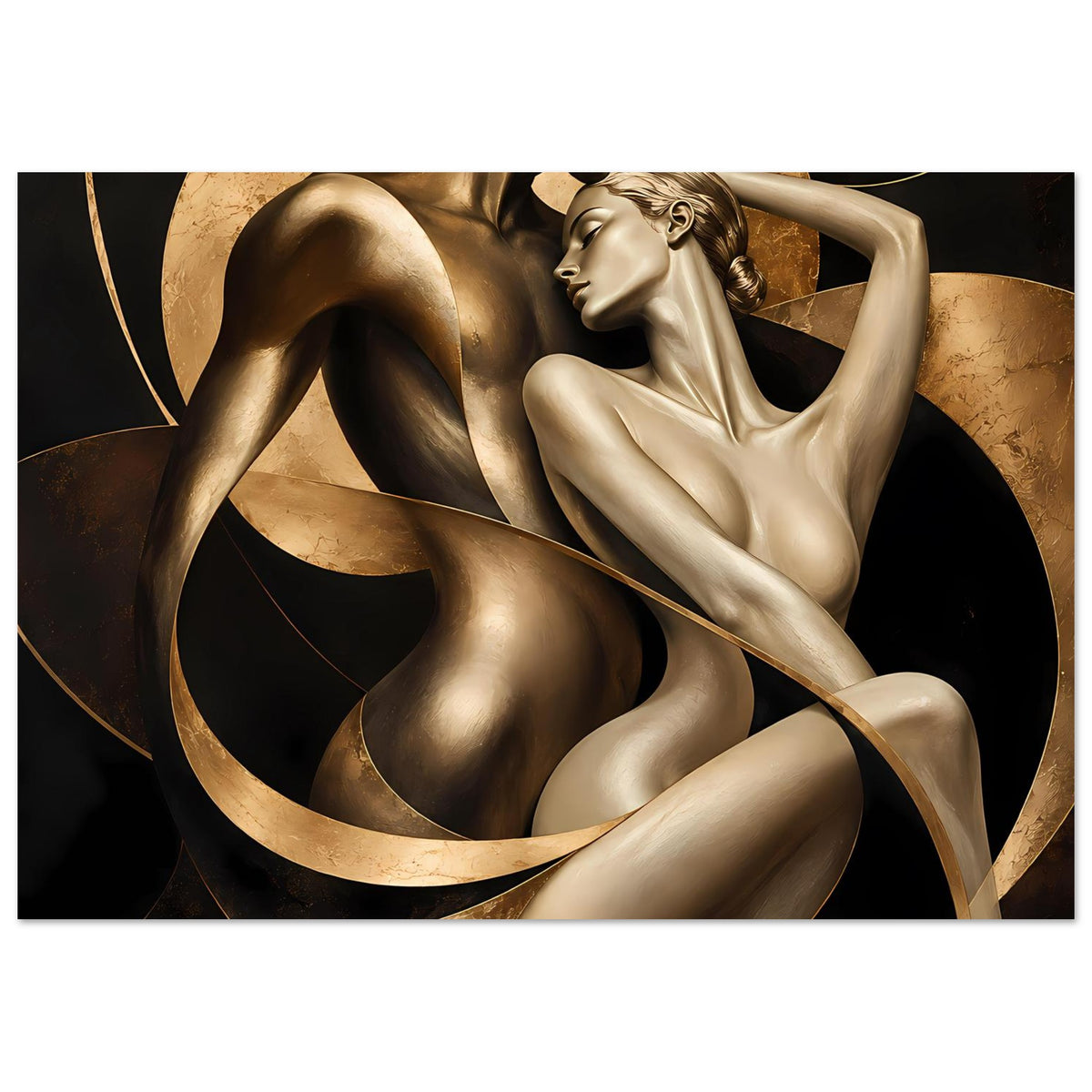 Kunstposter mit goldbraunen Skulpturen zweier Akte und runden Ornamenten, diagonale Linien