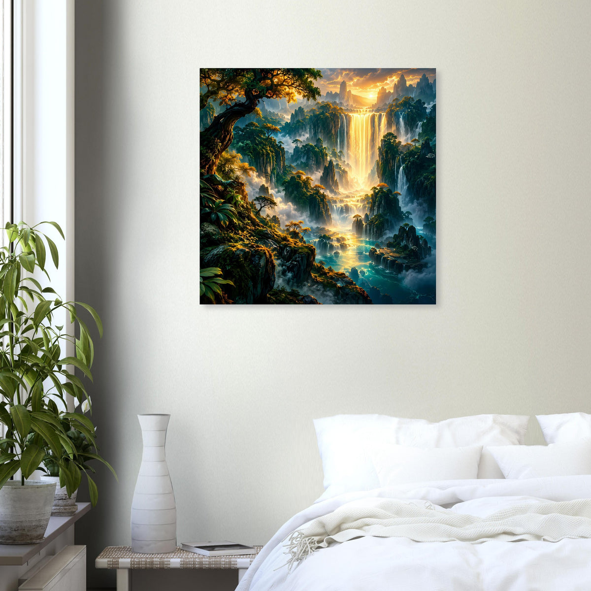 Quadratisches Poster mit Fantasy-Landschaft und goldenem Wasserfall, an weißer Wand