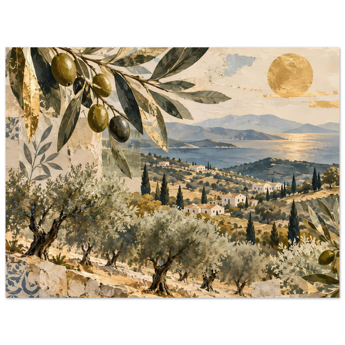 Mediterranes Olivenhain-Poster mit großem Olivenzweig, Olivenhain, Dorf und goldenem Rundmond