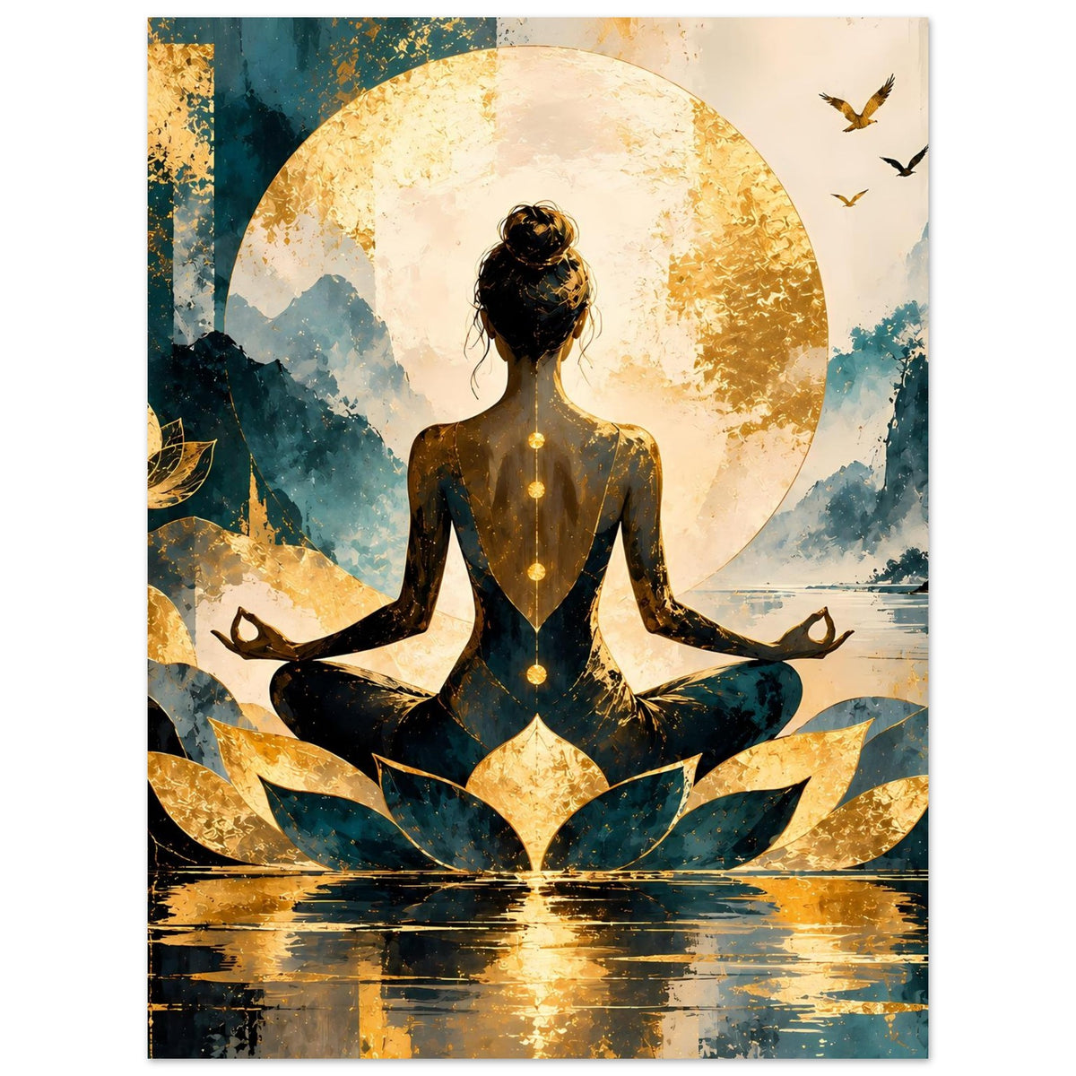 Meditatives Lotus-Frau-Poster: goldene Sonne hinter dem Kopf, sitzende Figur mit Lotusblüte