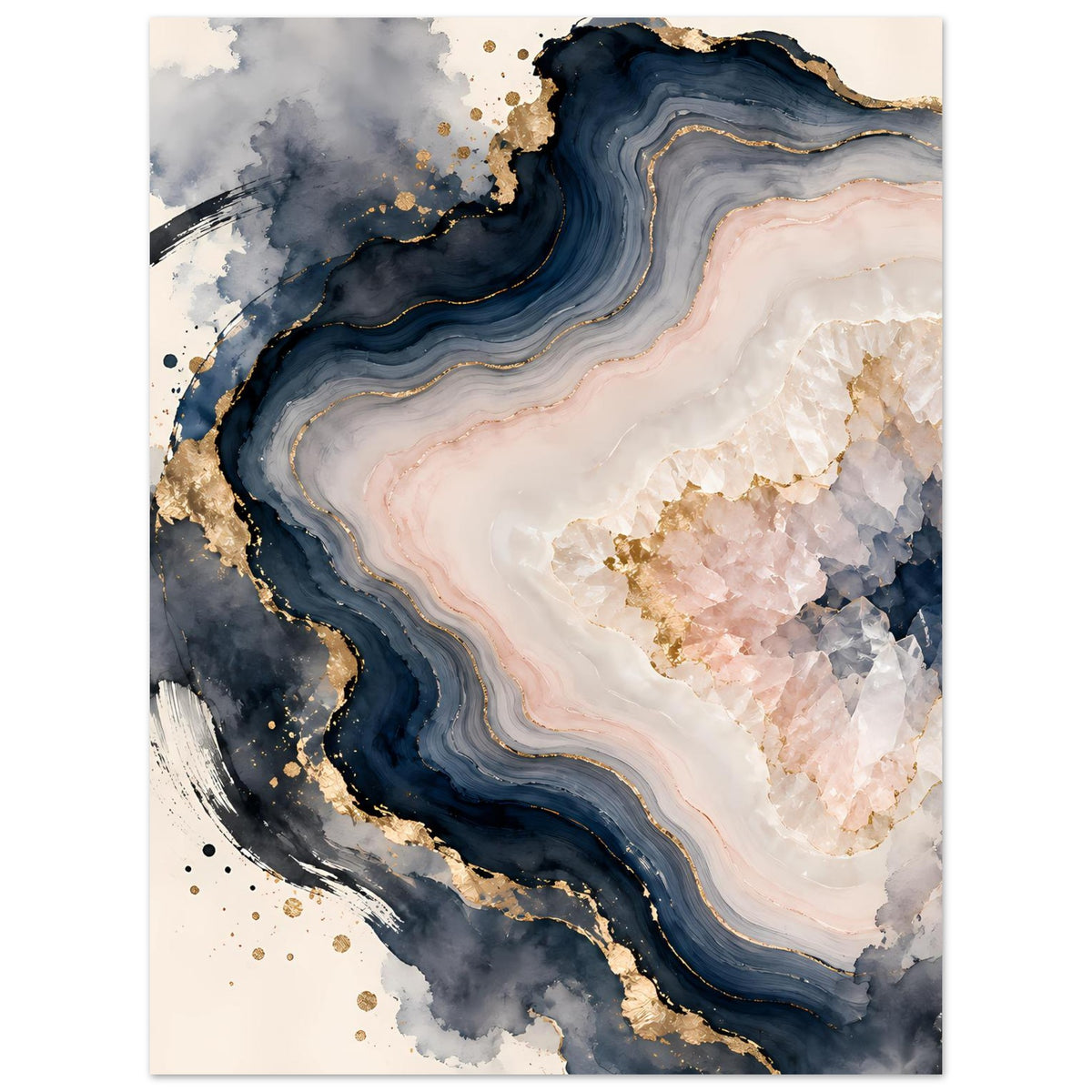 Abstraktes Geoden-Poster in Rosé, Blau und Gold, vertikal