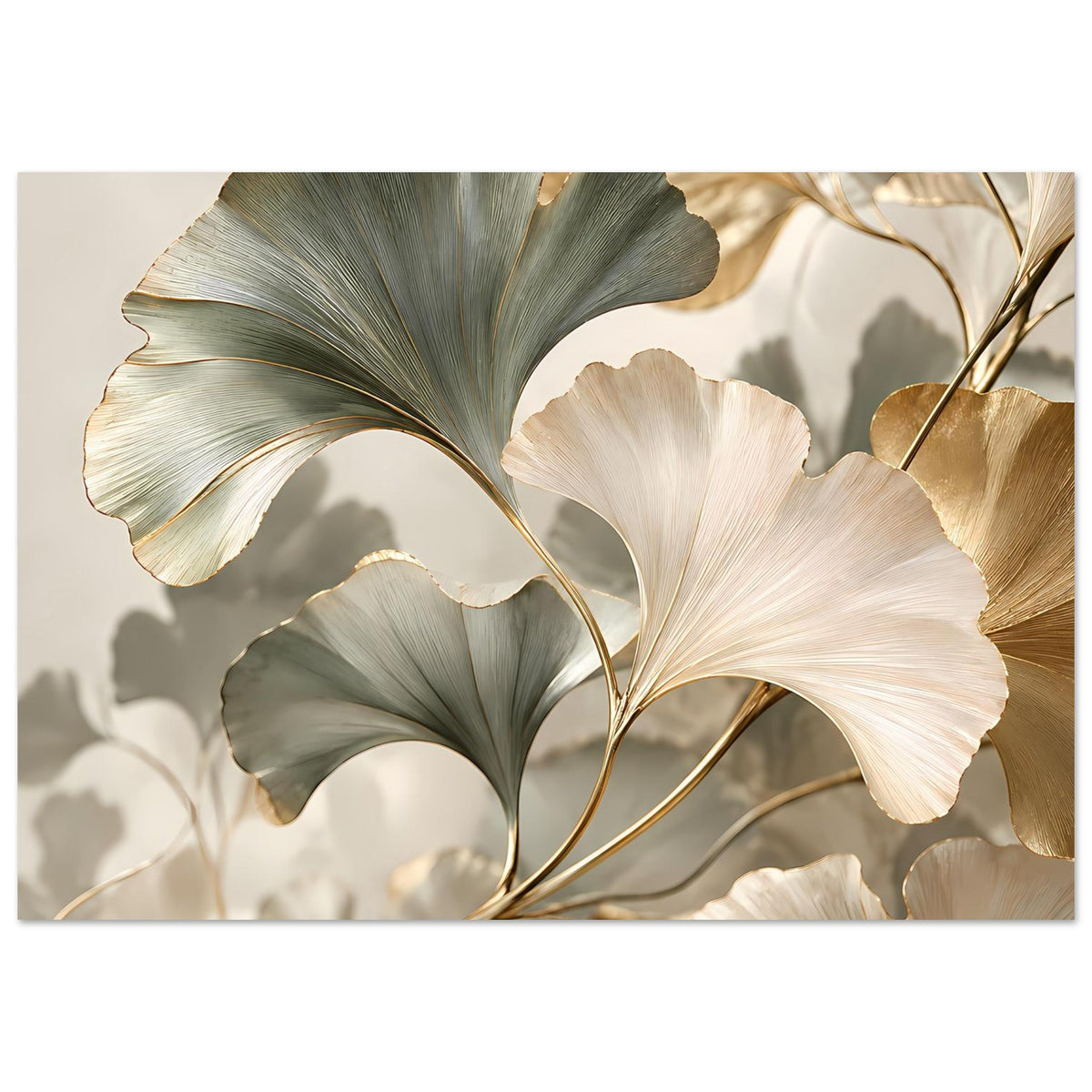 Poster mit Ginkgo-Blättern und goldfarbenen Ranken in Grau-Grün und Creme
