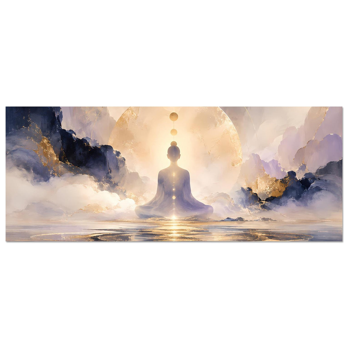 Meditationsposter horizontal: ruhende Silhouette, Goldmond und Kreisornamente über Wasserfläche.