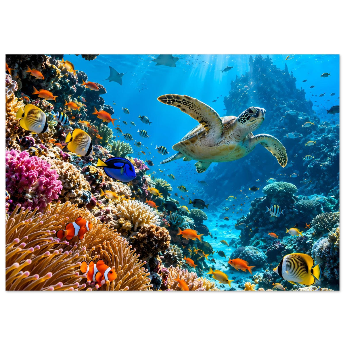 Poster mit Unterwasser-Korallenriff: Meeresschildkröte, bunte Fische und Korallen im Blau