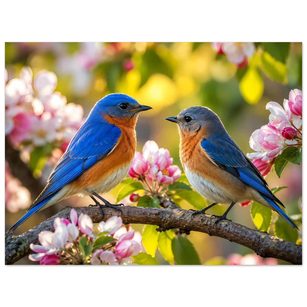 Vogelmotiv-Poster mit zwei blauen Vögeln auf Ast, umgeben von rosa Blüten