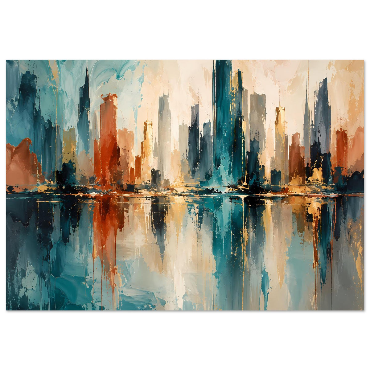 Abstraktes Skyline-Poster, breite Ansicht mit Wasserspiegelung, Blau-, Gold- und Rosttönen