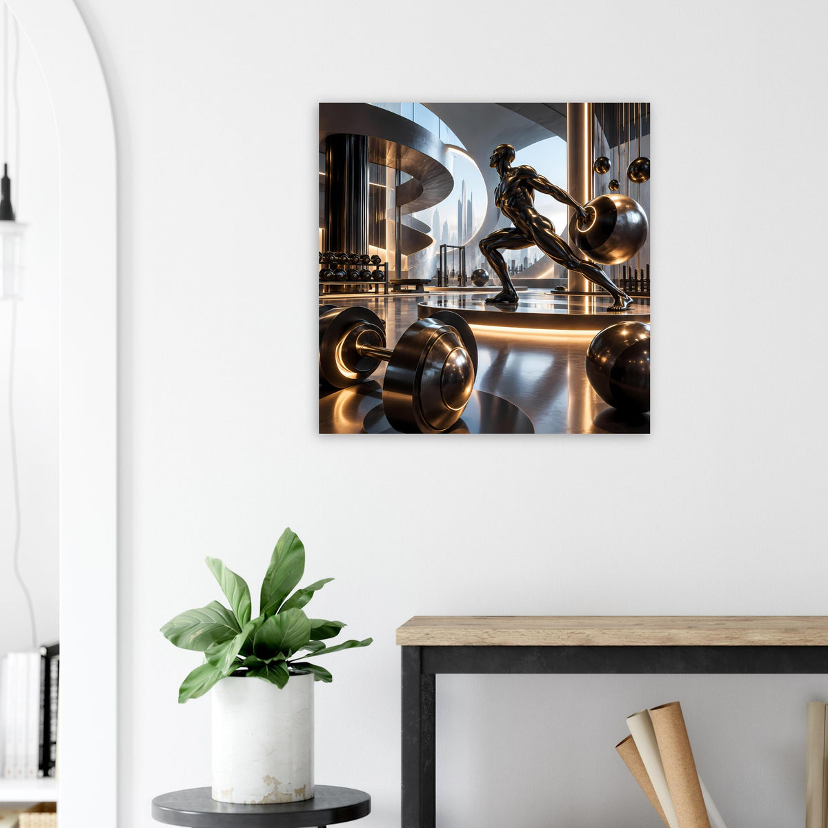 Fitnessposter mit futuristischem Fitnessmotiv: Hanteln und trainierende Figur