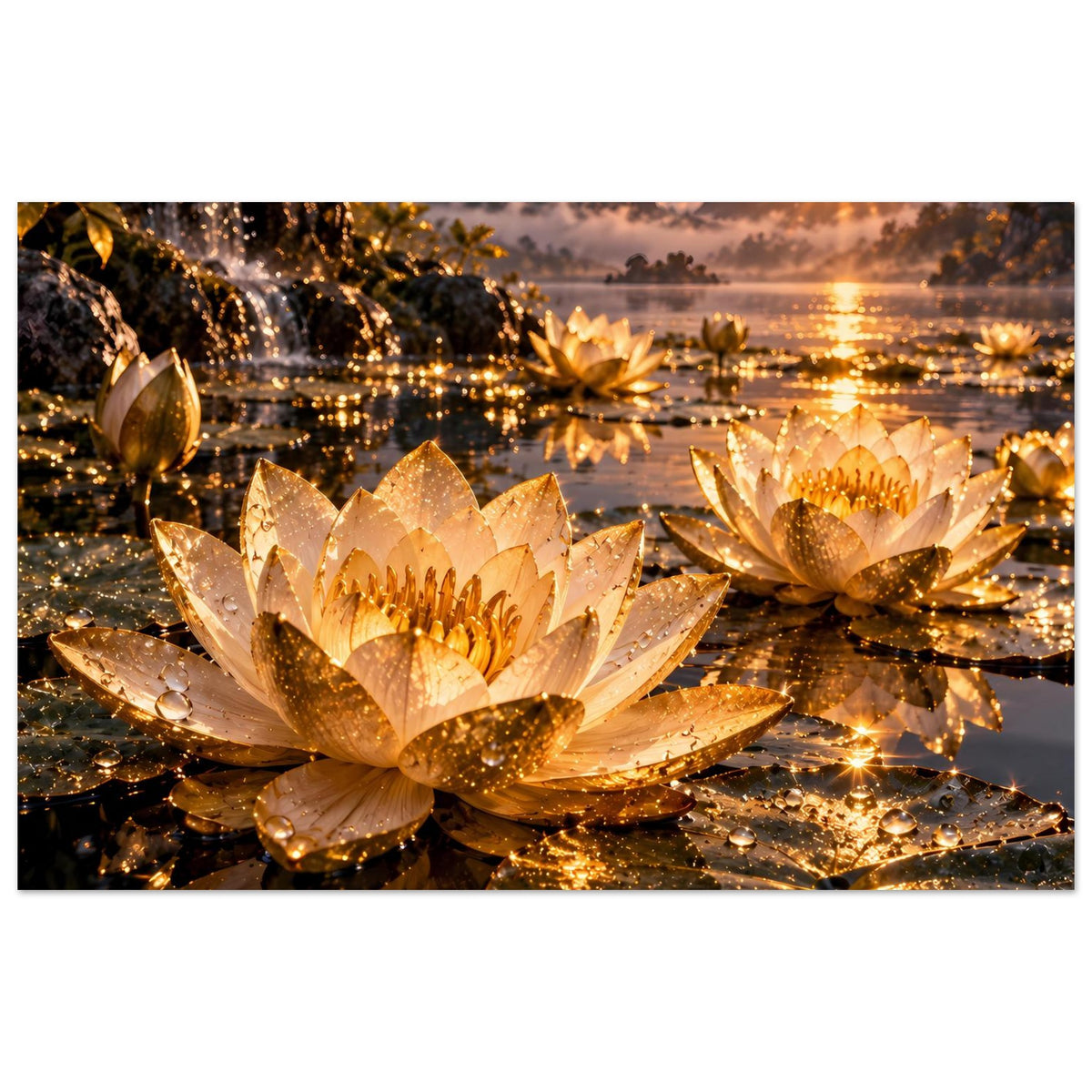 Horizontales Poster mit großen goldenen Lotosblüten, Lichtreflexen und Sonnenaufgang