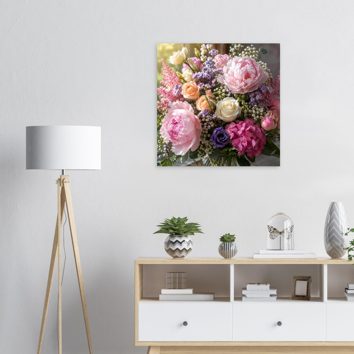 Blumenposter: Pastellstrauß mit Pfingstrosen, Hortensien und bunten Akzenten, quadratisch