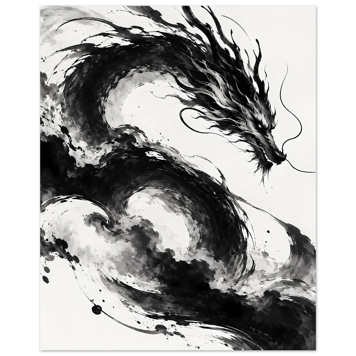 Drachenkunst-Poster Schwarz-Weiß, zentriertes Motiv mit langen Drachenfäden