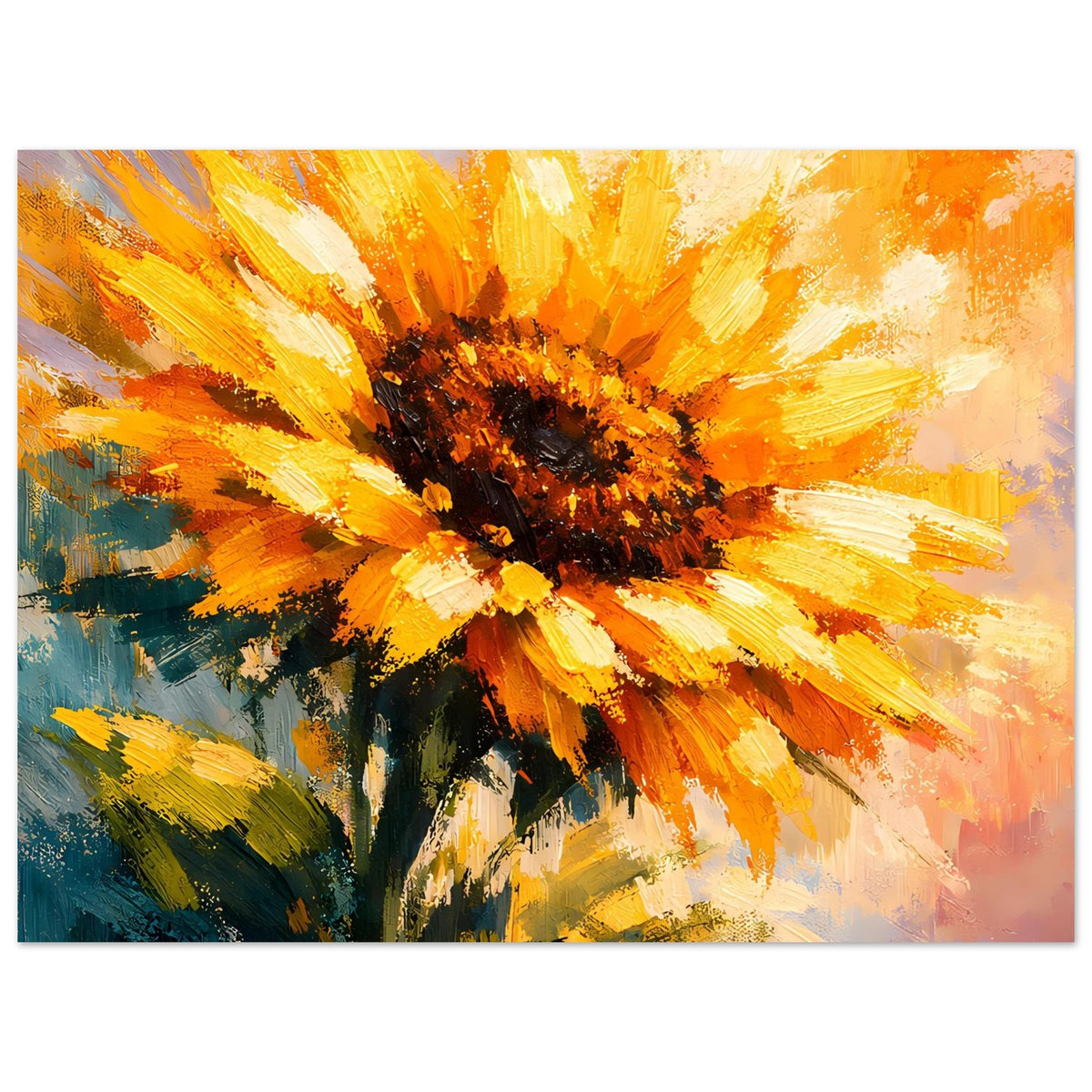 Rechteckiges Sonnenblumen-Poster mit gelben Blütenstrahlen, dunkler Mitte und orangefarbenem Farbverlauf