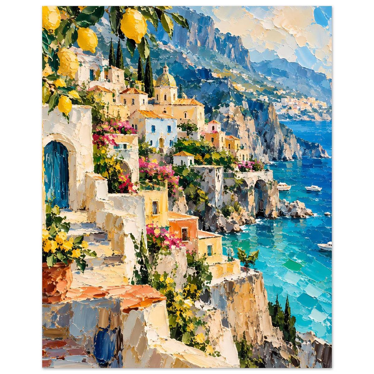 Mediterranes Küstenflucht-Poster: Häuser am Hang mit bunten Blüten und türkisblauem Meer