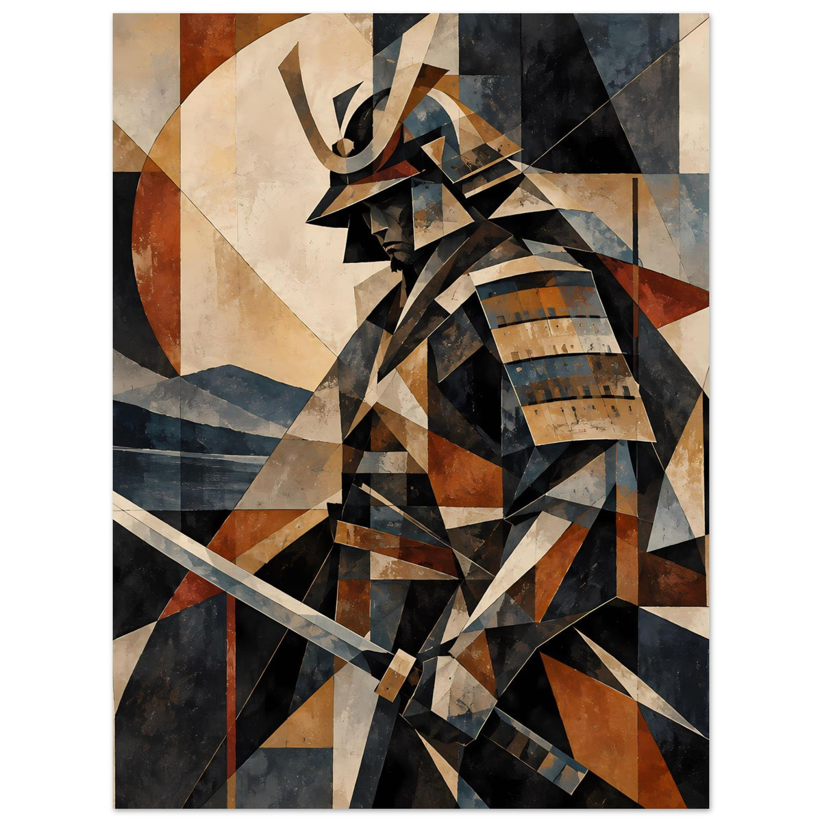 Geometrisches Samurai-Krieger-Poster im Hochformat, geometrische Scherbenstruktur in Blau
