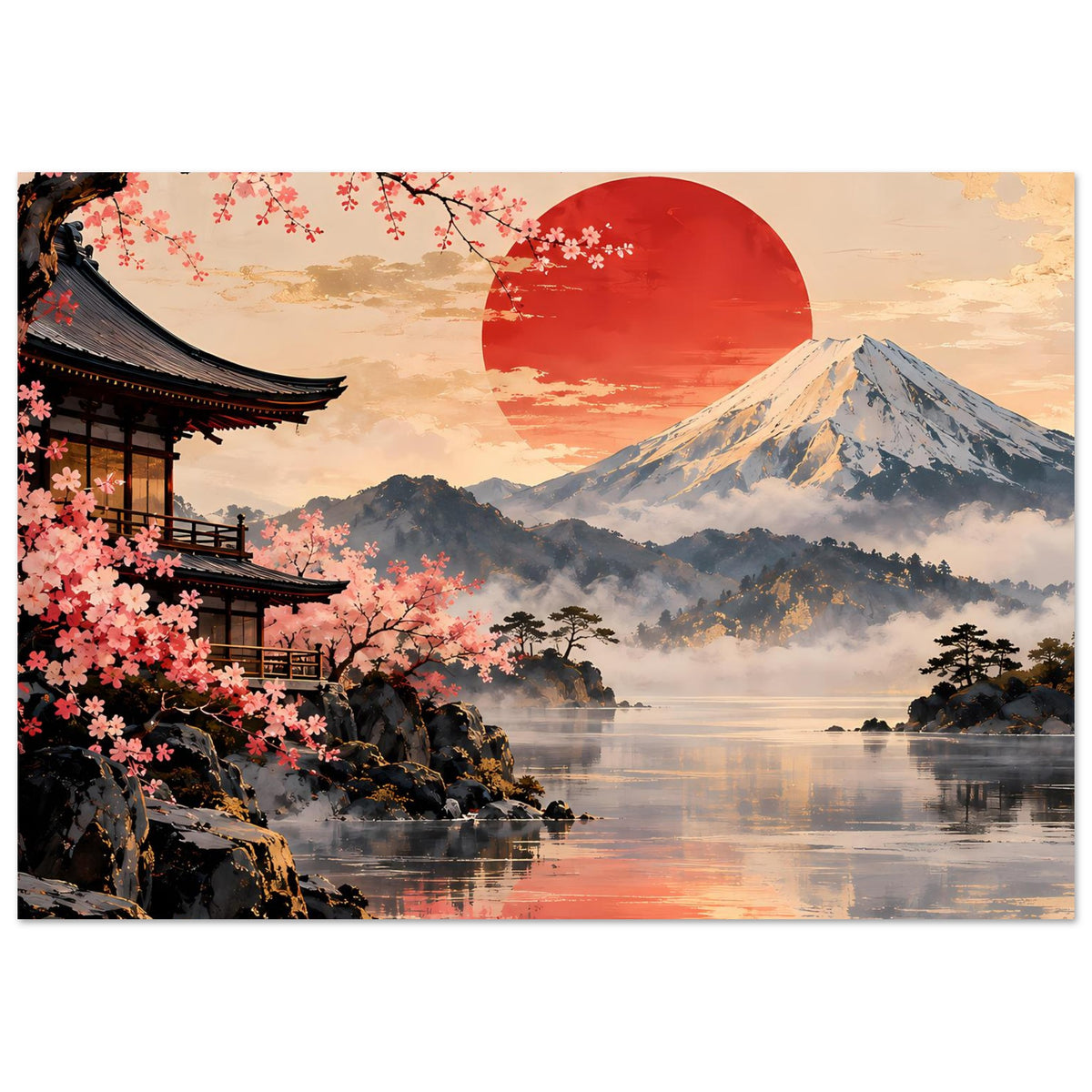 Poster: Japan-Landschaft mit roter Sonne, Fuji, Kirschblüten und Tempel, Querformat