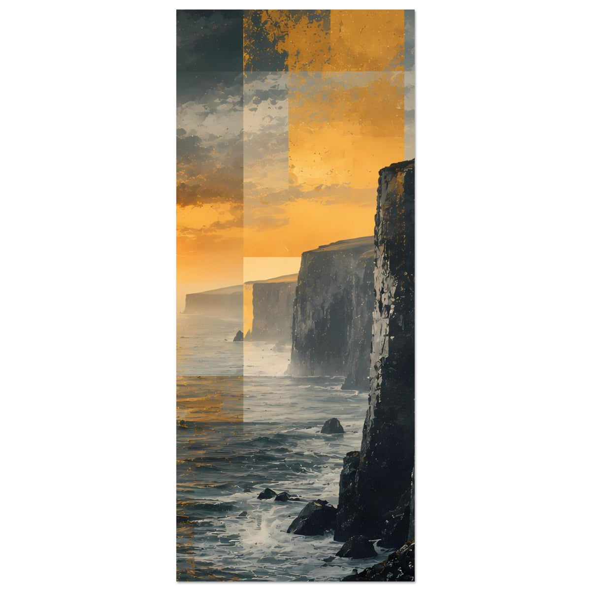 Hochformat-Poster mit Meerblick, orangefarbenem Himmel und Klippen rechts