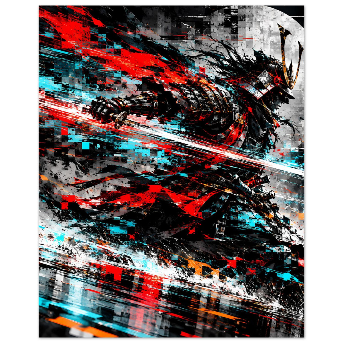 Actionposter im Hochformat mit samurai-artigem Kopf, leuchtend rotem und cyanblauem Farbverlauf