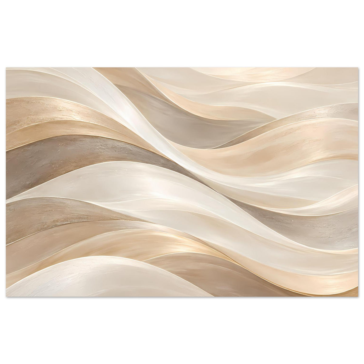 Kunstposter mit abstrakten Wellen in Creme, Gold und beigen Grautönen, horizontal