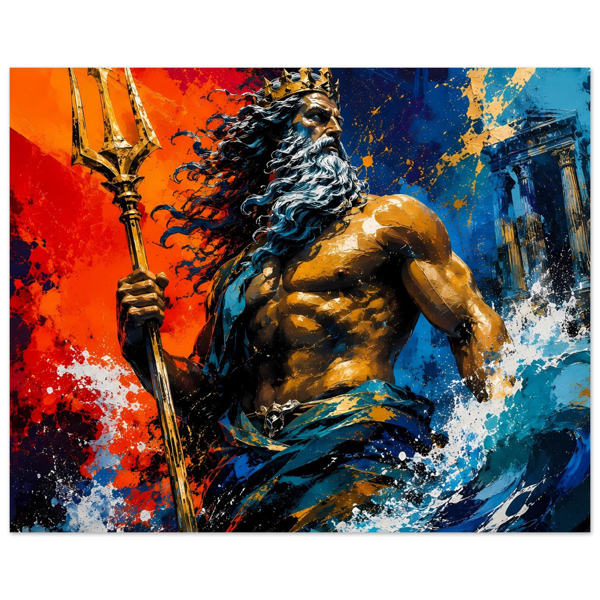 Querformat-Poster mit Poseidon-ähnlichem Gott, Dreizack in der Hand, kräftiges Rot-Blau-Splashdesign