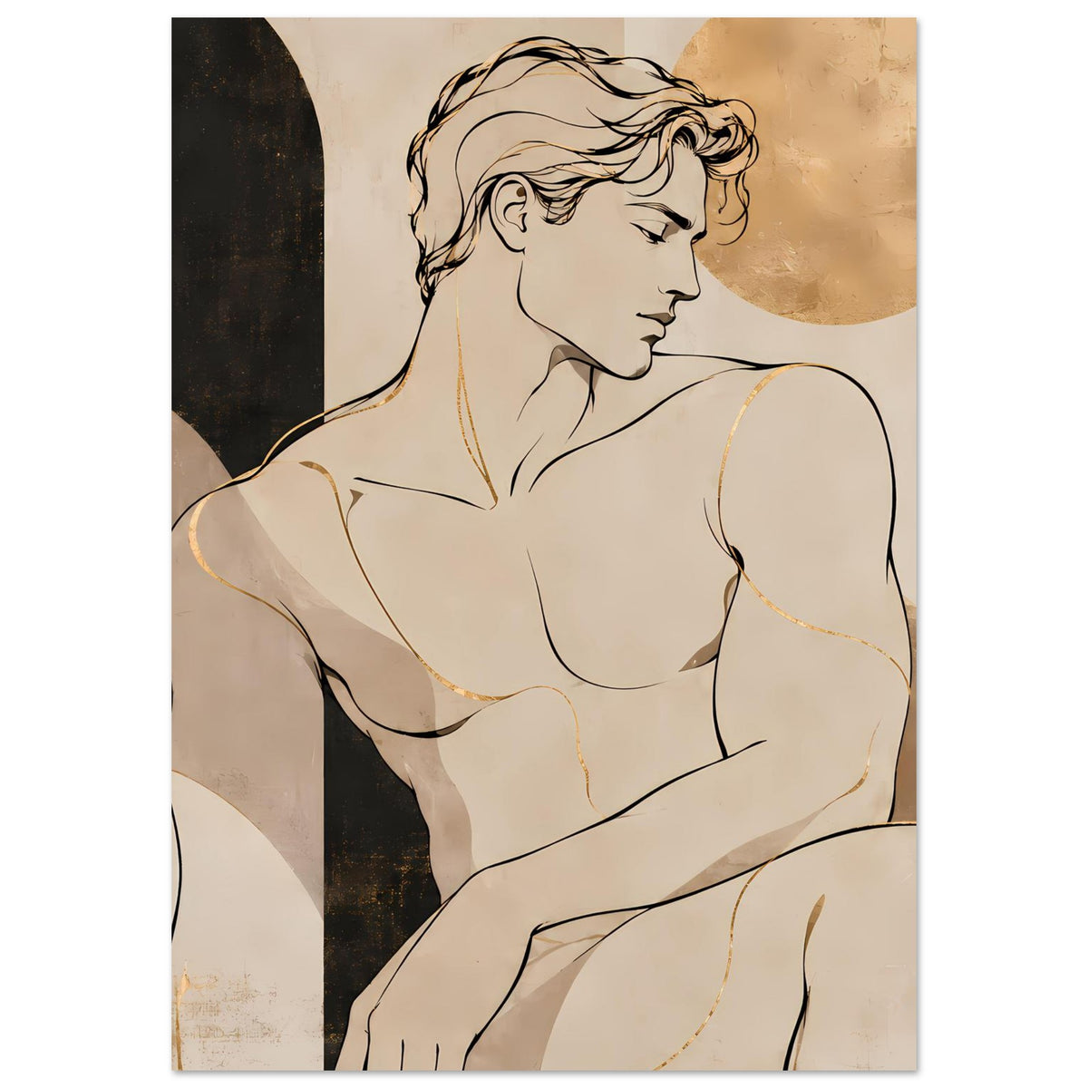Kunstposter mit Aktfigur, warmes Creme-Braun und goldene Akzente, vertikaler Zuschnitt