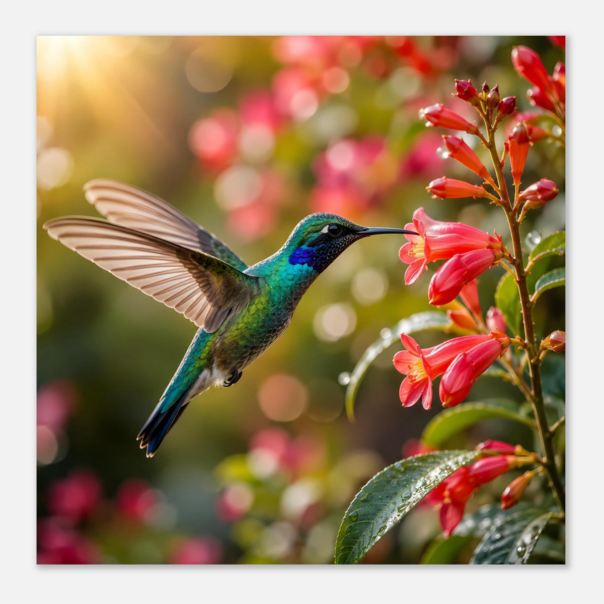 Querformatiges Poster mit Kolibri und roten Blüten, Nahaufnahme mit grünen Blättern