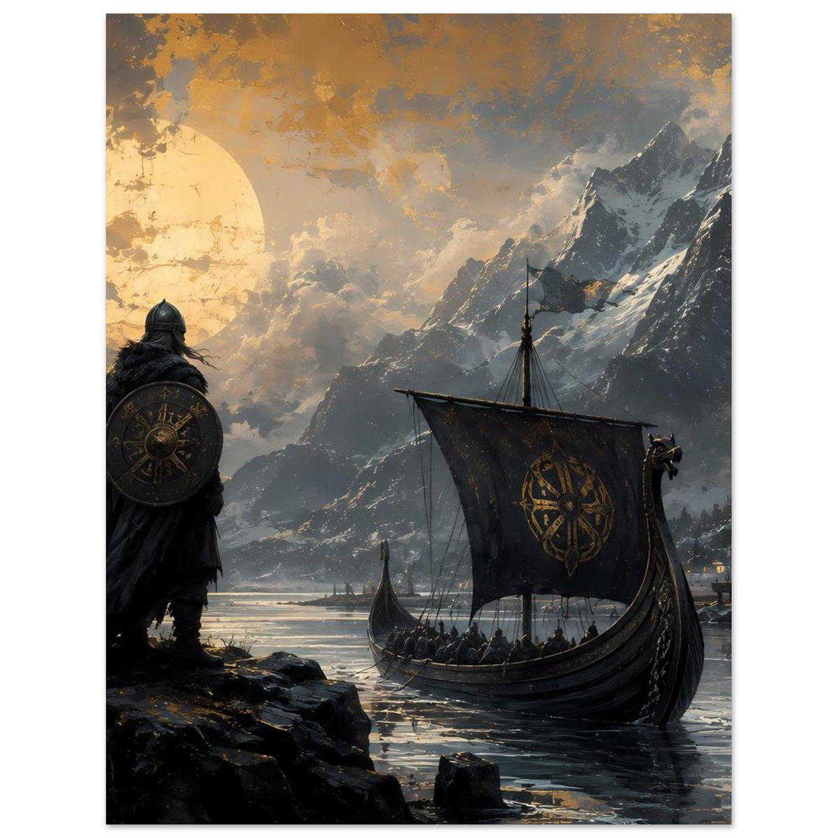 Wikinger-Poster: Krieger links mit Schild, Drachenboot rechts, Fjord und Berggipfel