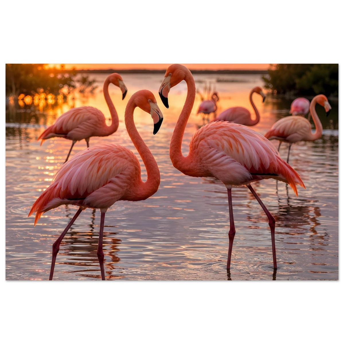 Flamingo-Poster im Querformat: rosa Flamingos stehen am Ufer