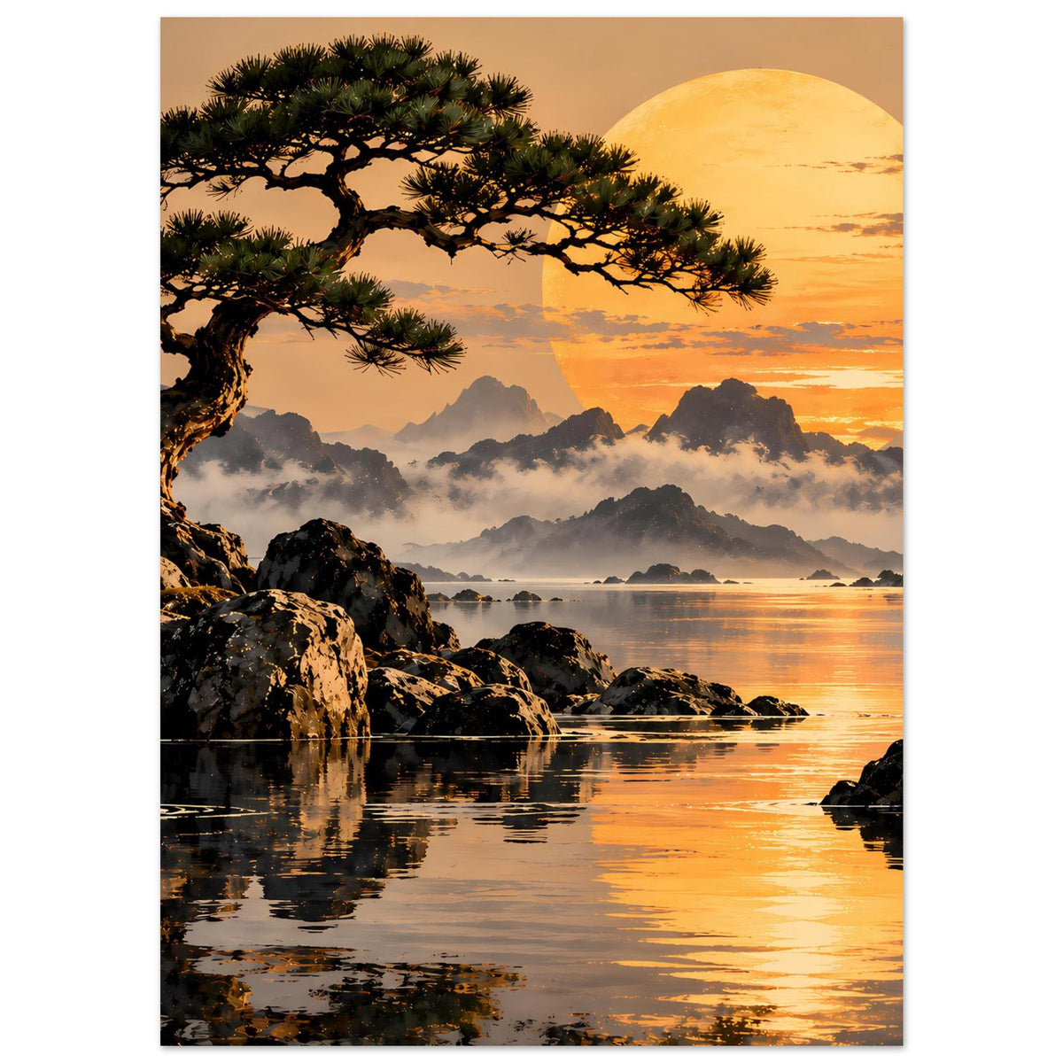 Landschaftsposter mit Kieferkrone, Felsufer, goldener Reflexion im Wasser und gelber Sonne.