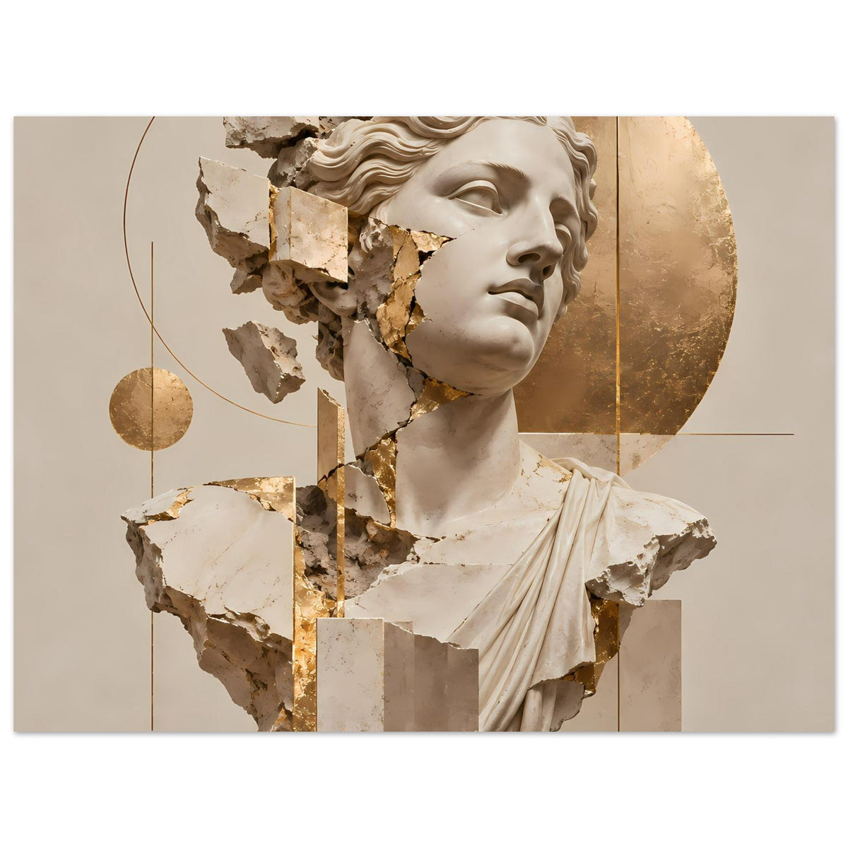 Kunstposter mit fokussiertem Marmorgesicht und fragmentierter Büste mit goldenen Akzenten