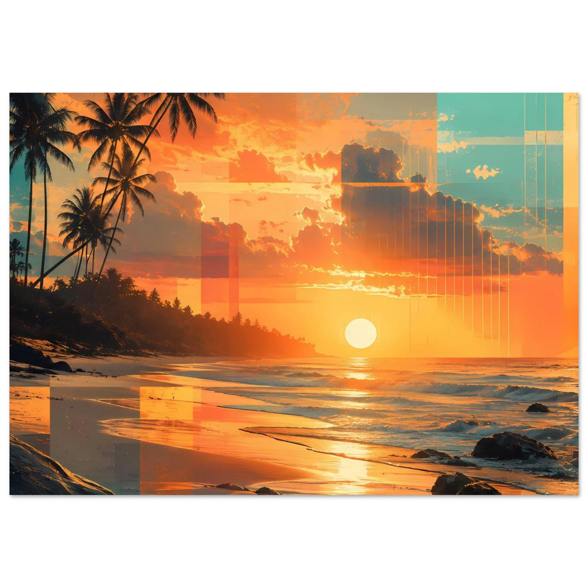 Breites Küstenposter mit Palmen, großer Sonne und orangefarbenem Himmel über dem Meer