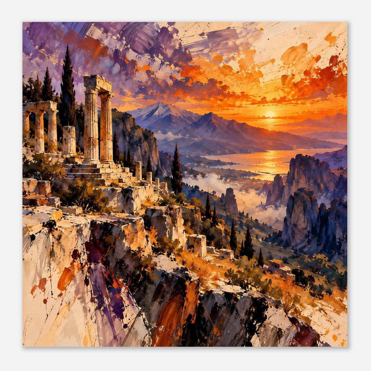 Premium-Mattposter mit antiken Ruinen und Sonnenuntergang, Querformat, klare Berge im Hintergrund