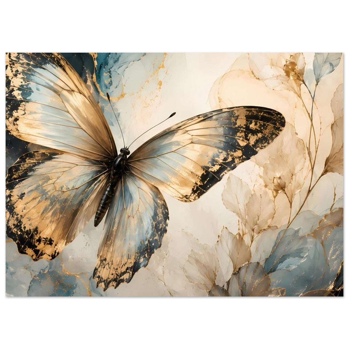 Horizontales Schmetterlings-Poster mit goldblauer Grafik und beigen Blüten im Rahmen