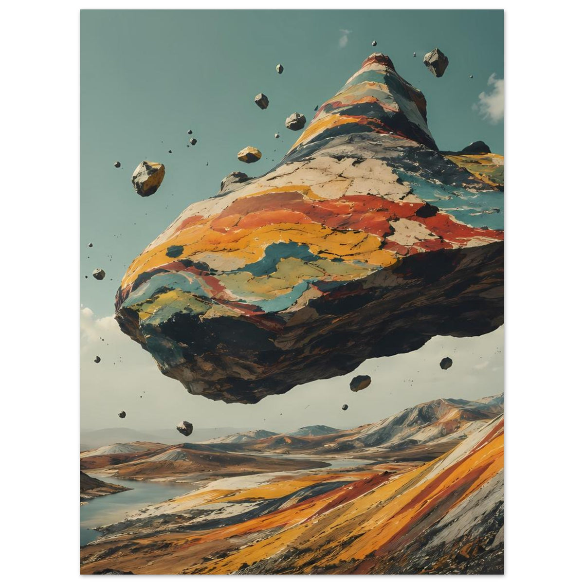 Poster mit schwebendem Berg in warmen Erdtönen, vertikales Format