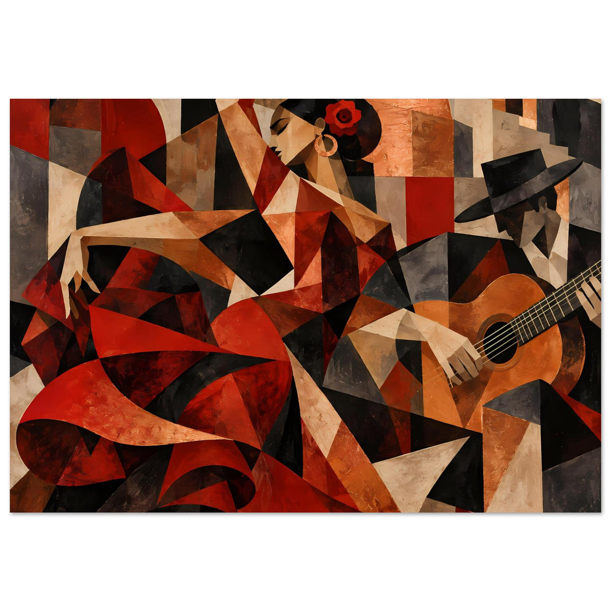 Kunstposter Querformat: abstrakte Flamenco-Figur mit Blume im Haar und Gitarre, Rot/Erde