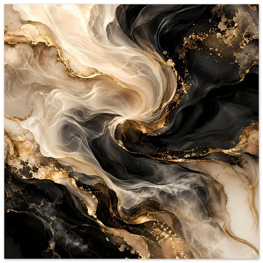 Abstraktes Poster im Querformat: schwarze Wirbel, goldene Akzente und helle Marmorschlieren