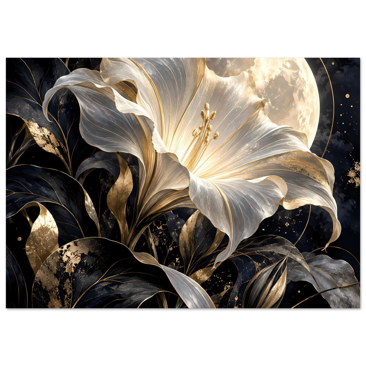 Poster mit weiß-goldener Blume, leuchtendem Mond und schwarz-goldenen Blättern