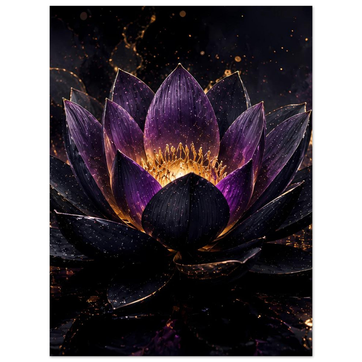 Lotusblüten-Poster im Hochformat, violett-goldene Blüte mit dunkler Spiegelung