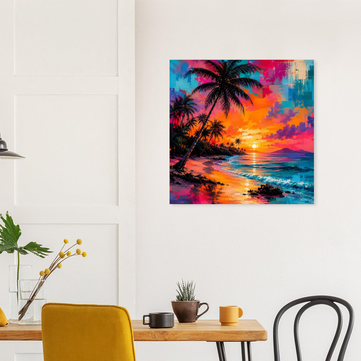 Quadratisches Poster mit Palmen, Wasserlinie und orange-pinkem Neonabendhimmel.