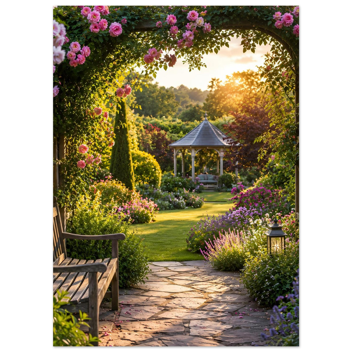 Naturposter mit Blütenbogen, Gartenweg, Holzbank und bunten Blumenbeeten