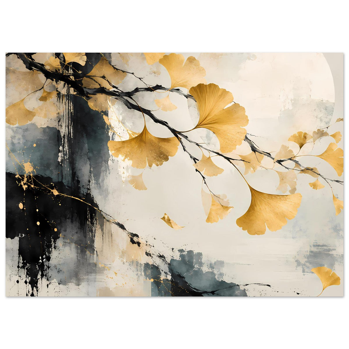 Horizontales Kunst-Poster mit goldenen Ginkgo-Blättern, schwarzen Ästen und gesprenkeltem Farbmuster