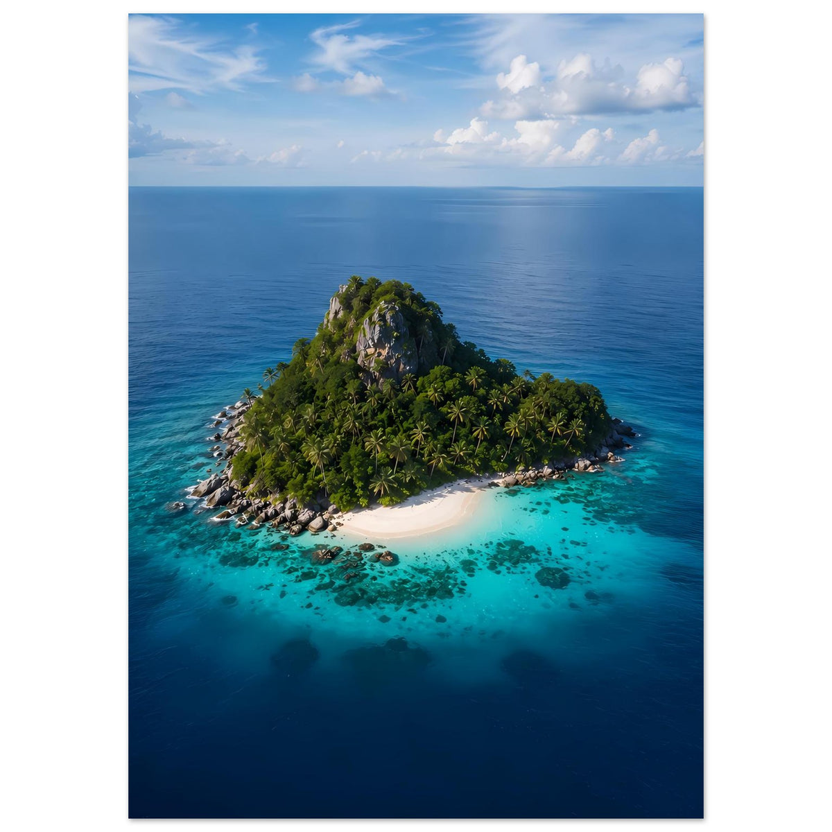 Poster vertikal: kleine Insel mit grünem Bewuchs, Strandbucht und blauem Ozean
