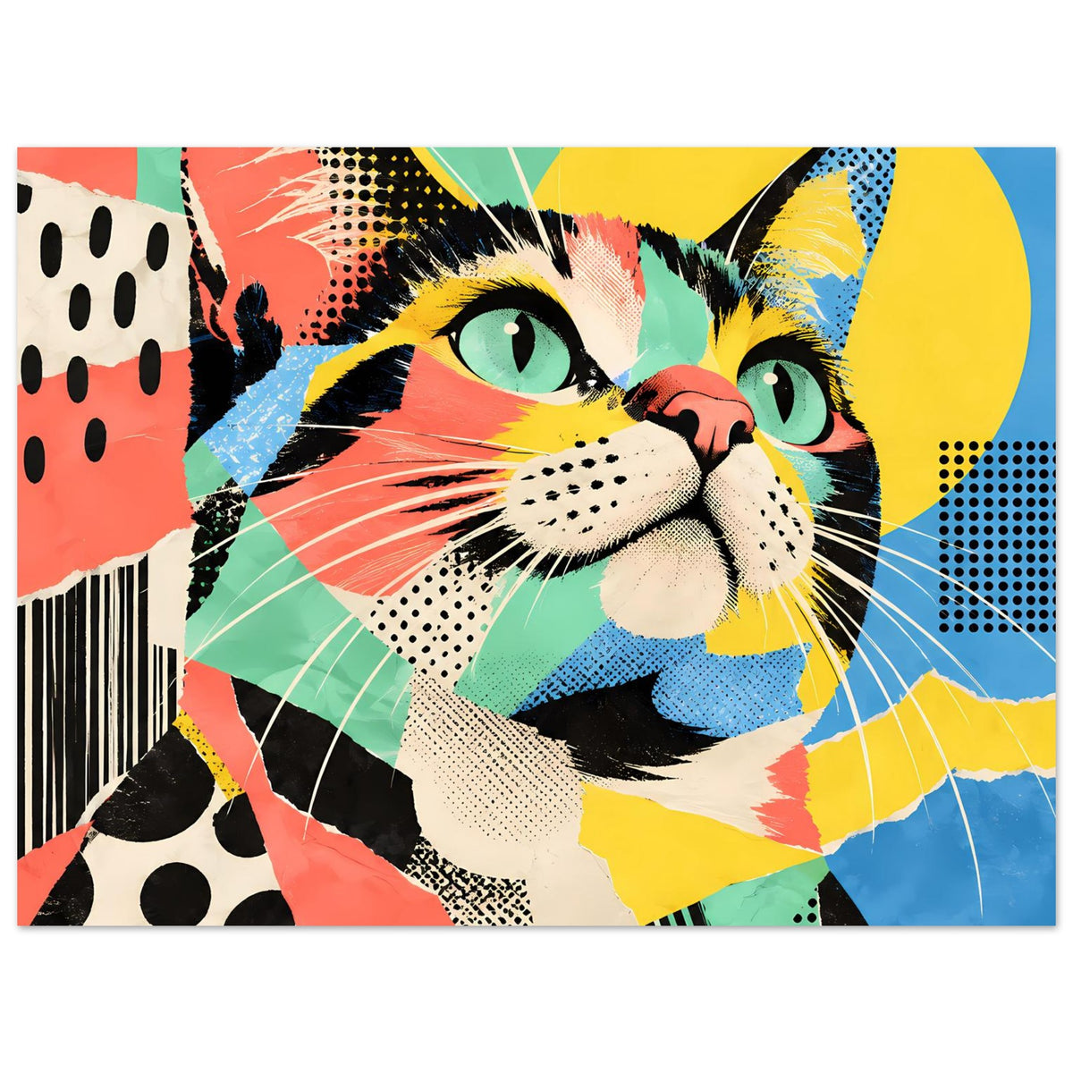 Pop-Art-Katzenposter, horizontales Motiv: farbenfrohes Katzengesicht mit gelben Halbkreisen