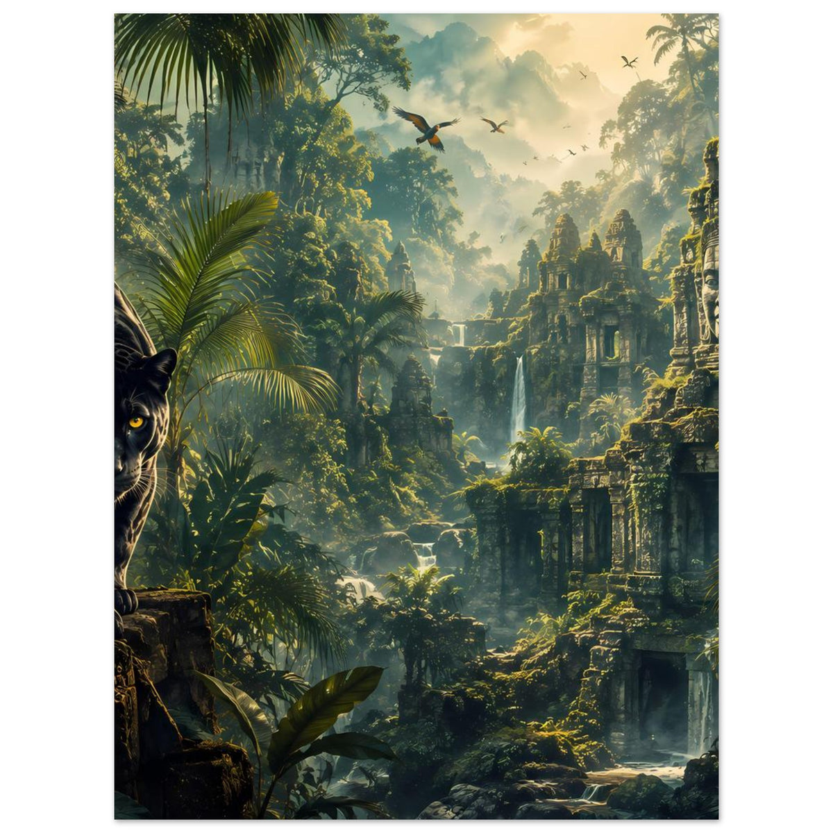 Poster mit schwarzem Pantherkopf links und Dschungelruinen mit Wasserfällen