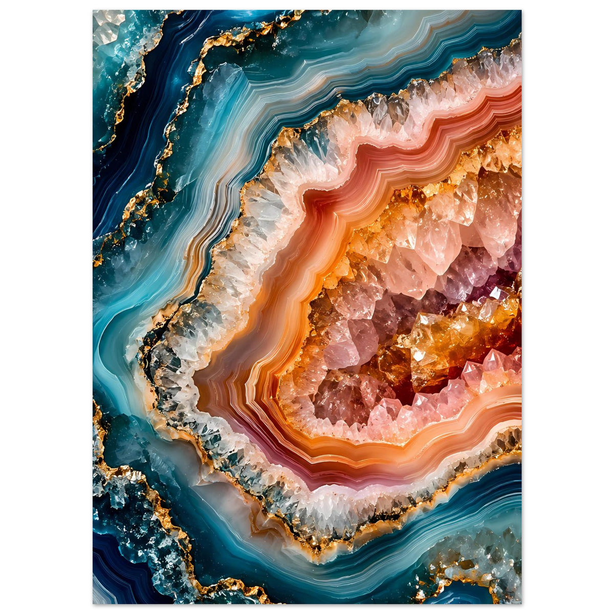 Vertikales Poster mit Geodenstruktur: Blaugrün, Orange und Gold, eingesäumt von rosa Kristallen