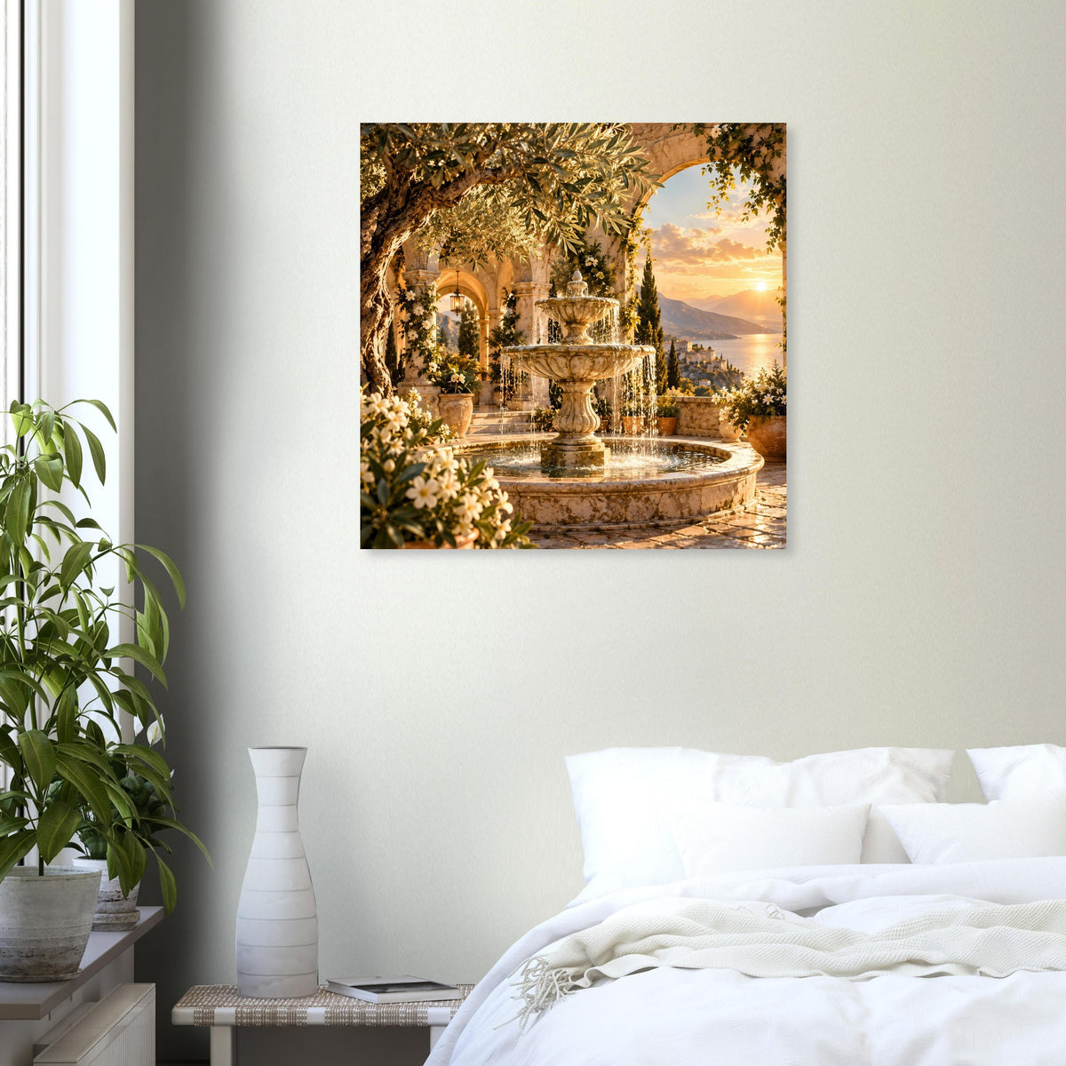 Mediterranes Sonnenuntergang-Brunnenposter mit Springbrunnen und warmem Himmel