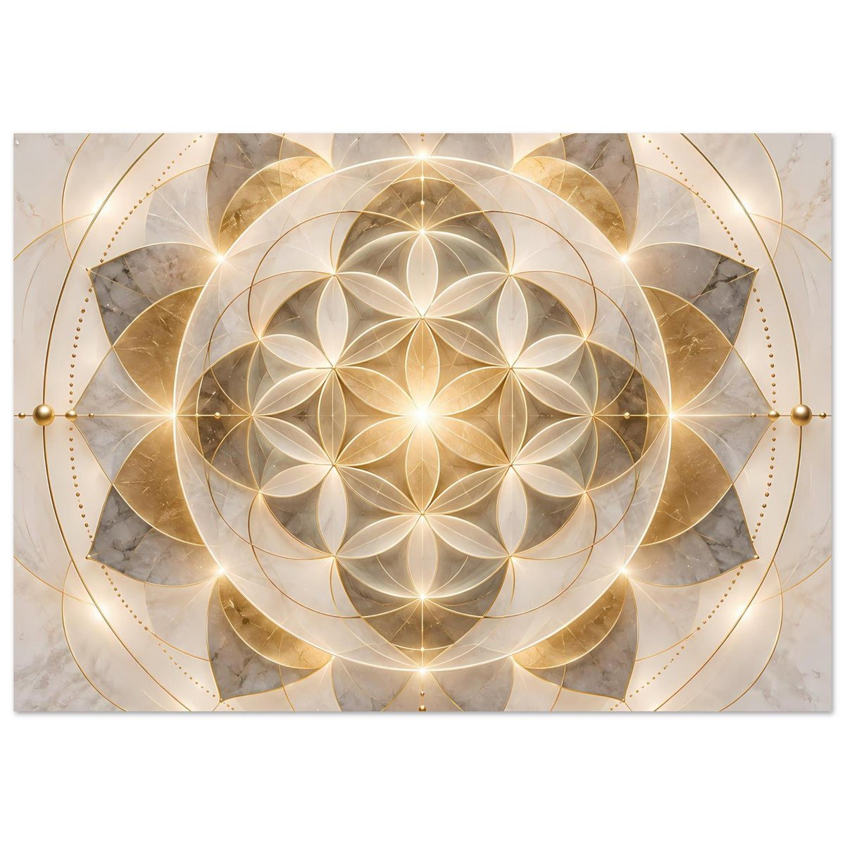 Goldenes Mandala-Ornament-Poster mit goldener Kreisstruktur und sternförmigen Ornamentlinien