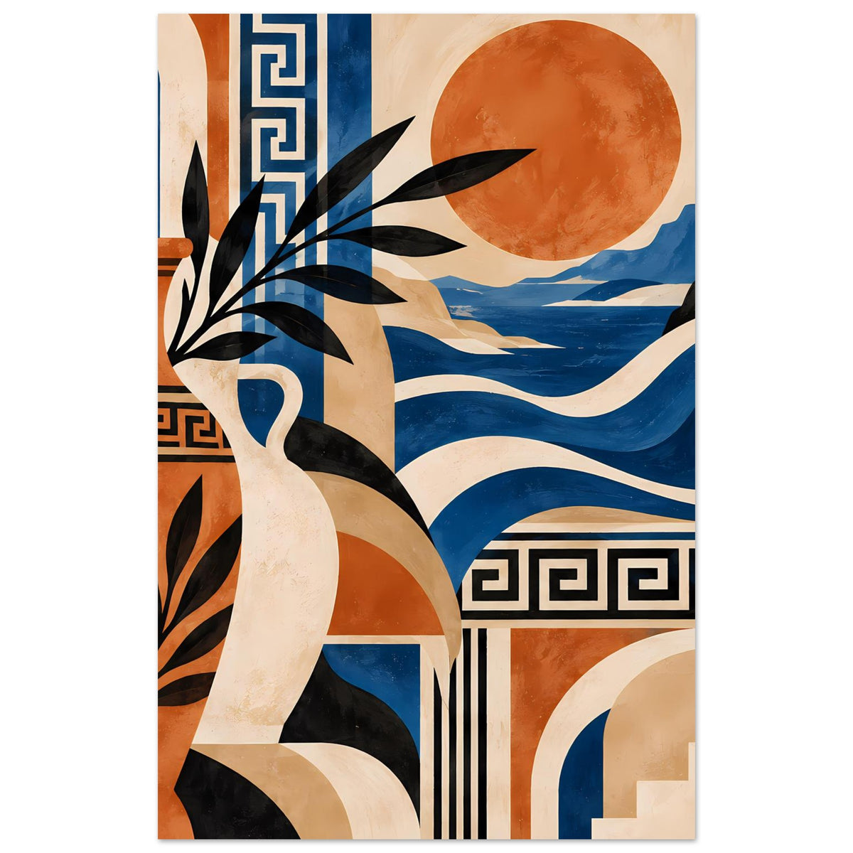 Hochformat-Kunstposter mit Aktfigur, orange Sonne, blauen Wellenlinien und geometrischen Säulen
