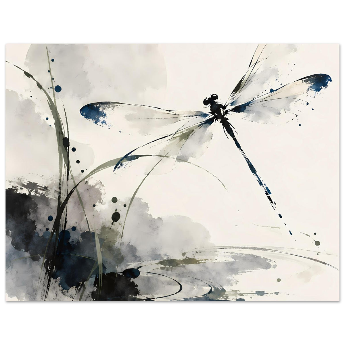 Aquarell-Poster mit Libelle in Blau und Grau, flächige Wasserfarbe, feine Punkte und geschwungene Linien