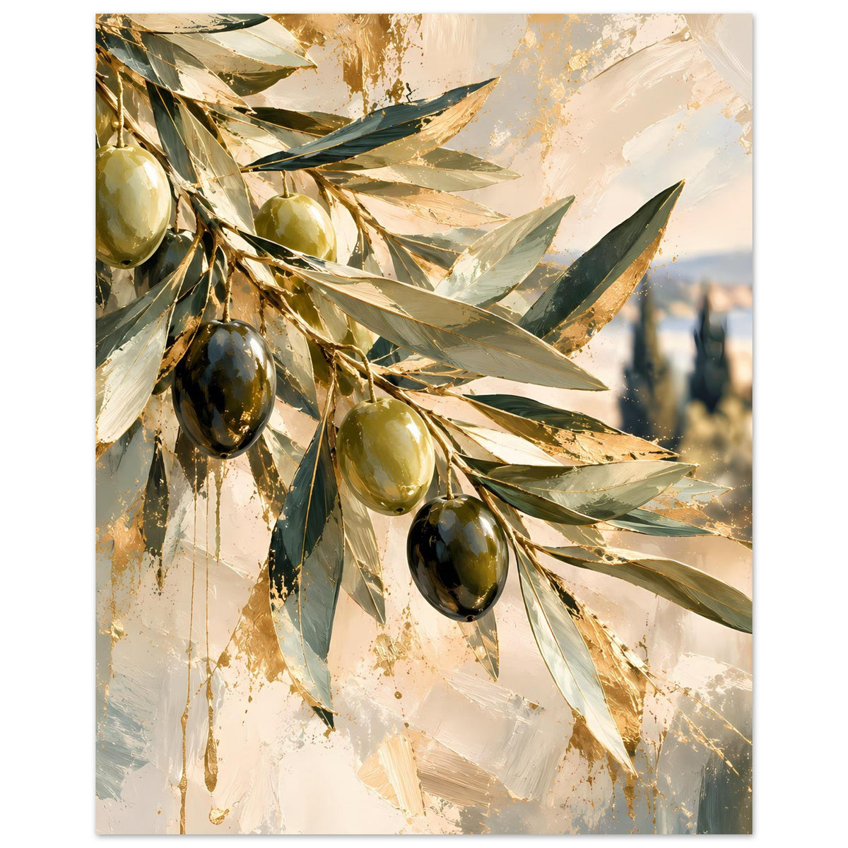 Olivenzweig-Kunstposter, Fokus auf Oliven und lange Blätter, gold- und olivgrüne Akzente