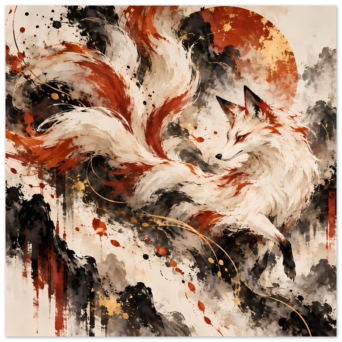 Fantasy-Poster mit Fuchsmotiv: neun Schweifen, orange-rote Akzente und schwarze Pinselstriche