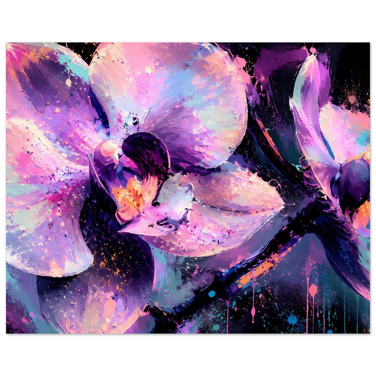 Abstraktes Neon-Orchideenposter im Querformat, violette und pinke Blüten mit leuchtendem Glanz.